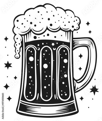 Beer Mug With Overflowing Foam and Bubbles, Stylized Outline Drawing