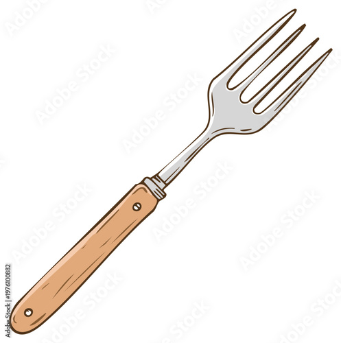 Illustration of a Dining Fork with Stainless Steel Tines and Wooden Handle for Eating Food at Tables