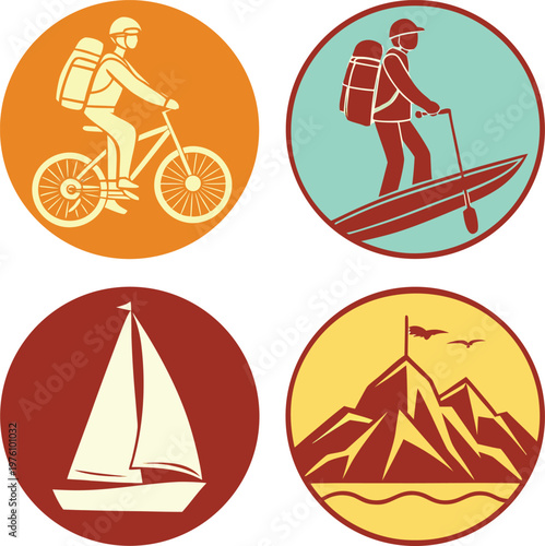 Vector illustration set of outdoor adventure icons with cycling paddleboarding sailing and mountain climbing