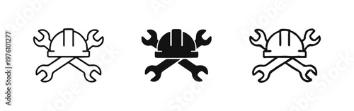 Crossed wrenches and safety helmet icon set for repair and maintenance.