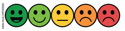 Rating emojis set, different color outline feedback emoticons collection with very happy, happy, neutral, sad, and very sad faces, flat icon set for reviews and satisfaction.