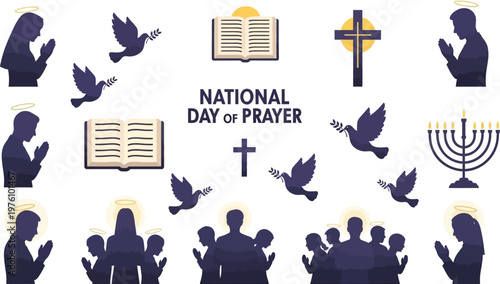 National Day of Prayer collection features silhouettes of people, sacred books, and religious symbols.