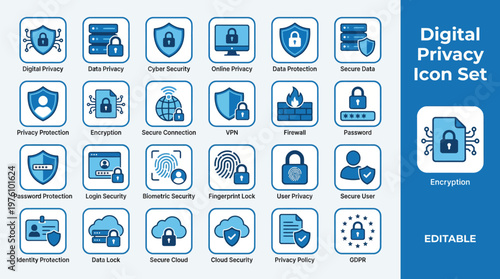 Digital privacy and online security icon set featuring data protection, VPN, GDPR compliance, biometric security, encryption, firewall, secure connection, and user privacy symbols.