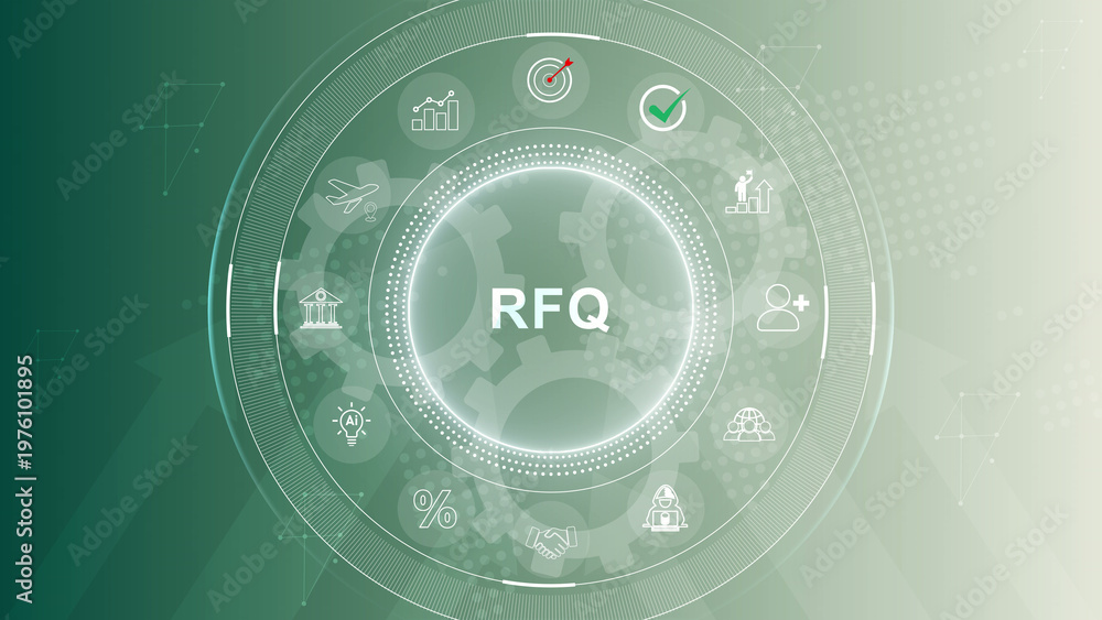 Obraz premium Request for Quotation (RFQ) and Digital Procurement Network Concept. 3d Motion graphics of technology icon interface background