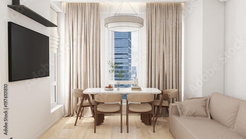 A modern, cozy dining area with beige and white tones features a sleek table, four chairs, a soft sofa, large windows with curtains, a city view, and soft lighting