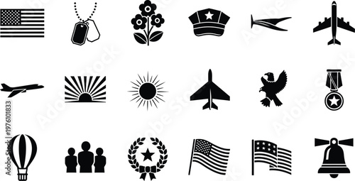 Memorial day silhouette icons honoring fallen heroes with patriotic symbols and remembrance