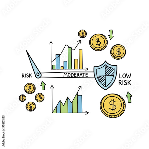 Vector illustration of financial risk assessment with charts, coins, and shield for moderate to low risk investment strategies.