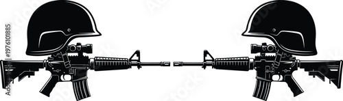 Memorial day remembrance silhouette of military helmets and rifles honoring fallen heroes