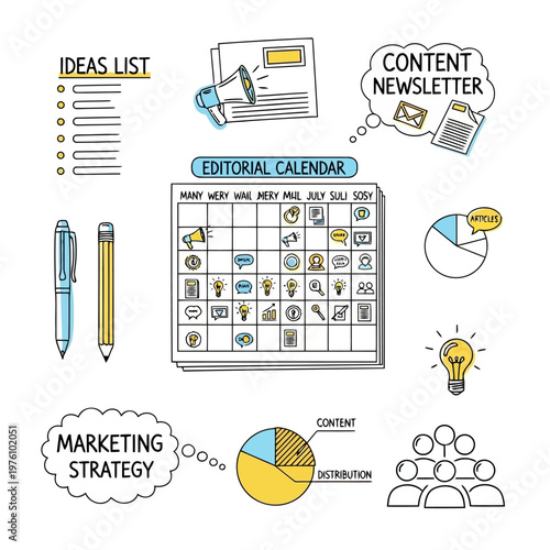 Editorial calendar for marketing strategy with content newsletter ideas list icons and distribution pie charts for digital publishing and brand growth management art.
