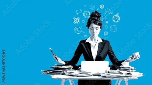 Grayscale corporate scene showing multitasking businesswoman at cluttered desk, juggling phone, laptop, mug and papers amid chalk icons on blue background