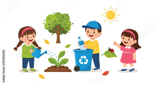 Bild auf Leinwand Three happy children are taking care of the environment by watering a plant, recycling plastic, and exploring nature under the bright sun