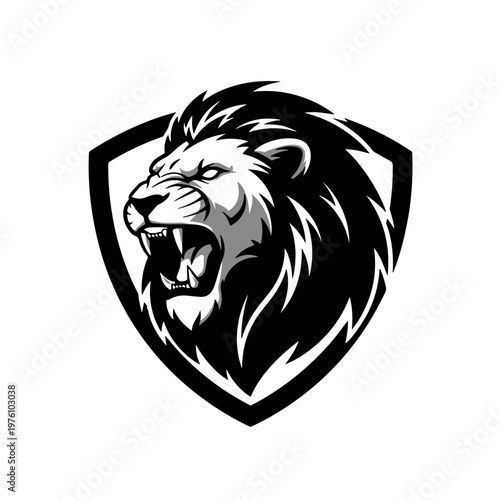 Roaring Lion Head Shield Logo Mascot Esports Vector Illustration