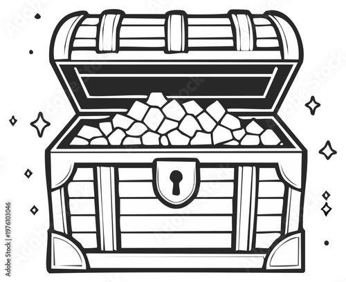 Open treasure chest overflowing with glittering jewels and sparkling magical effects