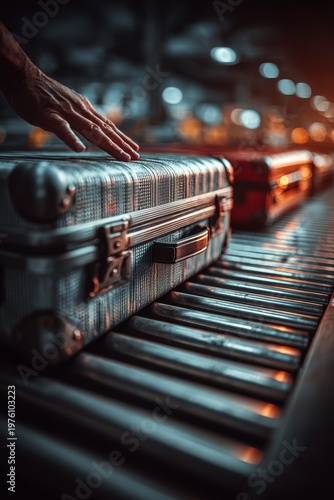 Close-up of textured metal suitcase on baggage carousel, hand resting on top with blurred airport lights in background, suited for travel branding, luggage security, and jetset campaigns