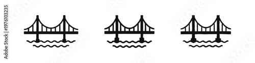 Suspension Bridge over Water Icons - Infrastructure and Architecture Symbols Set