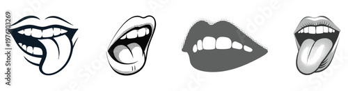 Black and white lips with tongue illustration, Vintage mouth graphics vector collection.
