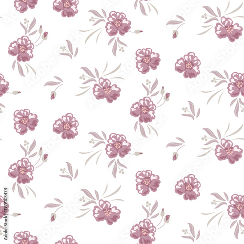 Flower pattern muted rose pink on white background with garden flowers. Farmhouse spring colors backdrop