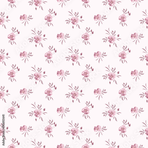 Flower pattern rustic small tiny rose pink background with garden flowers. Farmhouse spring colors backdrop