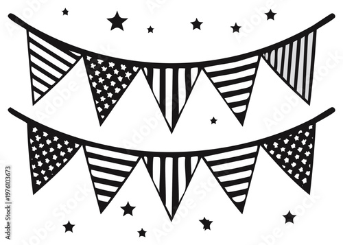 Festive bunting flags with stars in black and white patterns