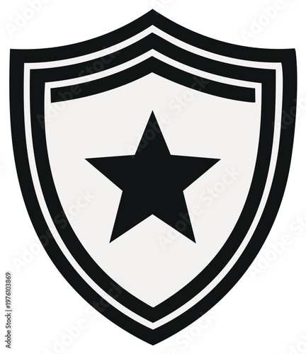 Bold graphic of a shield emblem with a centered star symbol, designed in black and white.