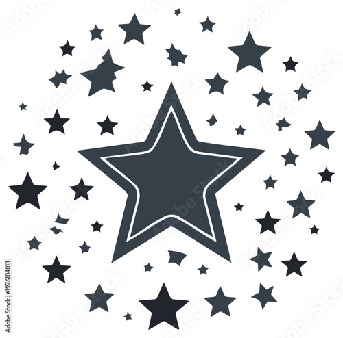 Dark Star Symbol Surrounded by a Galaxy of Scattered Star Shapes in a Cosmic Celebration