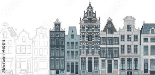 European canal houses collection detailed historic architecture facades classic city buildings row elegant urban street vector illustration setEuropean canal houses collection detailed historic archit