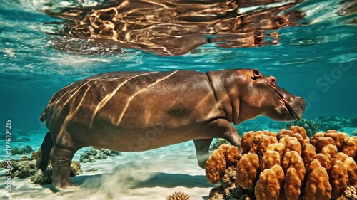 Hippo swims near coral.