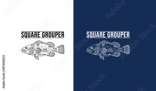 Quadro su tela Square grouper logo a silhouette of a fish in two color variations