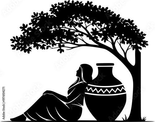 Resting Fellaha Silhouette Village Peace Nature Egypt Tradition Black Vector