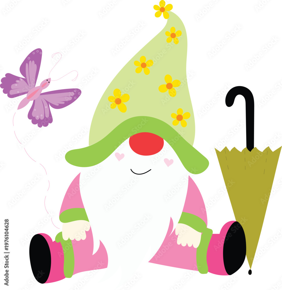 Fototapeta premium spring gnome with butterfly and umbrella 