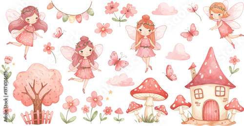 Whimsical illustration of fairy tale forest with magical creatures and flowers in soft pink hues and fantasy architecture