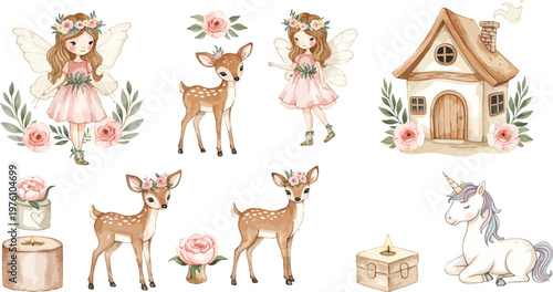 Whimsical illustrations of deer unicorns and flowers in a fairy tale setting with a house and gifts
