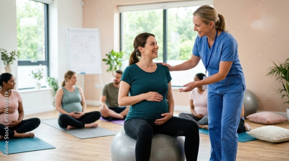 Fototapeta premium Smiling pregnant woman on a birthing ball receives gentle guidance from a supportive midwife or nurse in a prenatal education class focused on childbirth preparation.