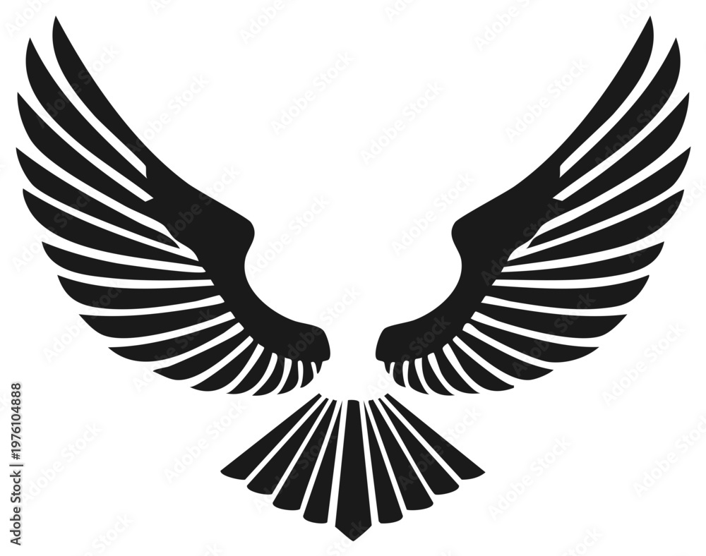 Fototapeta premium Abstract graphic emblem featuring stylized wings and feathered tail, in black and white design.