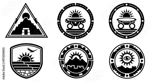 Sacred Sun Temple Badge Black And White Vector