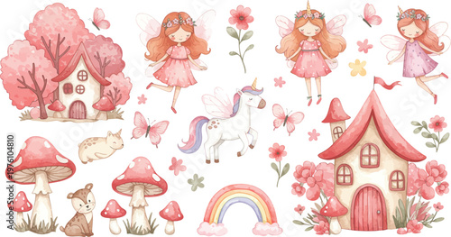 Whimsical pink fairy tale scene with houses mushrooms fairies flowers and rainbow in a magical forest setting illustration