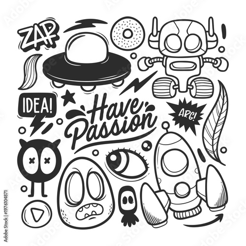 Hand Drawn Space Robot and UFO Doodle Collection with Inspirational Quote
Vector Fun Sketch Bundle with Robot Rocket and Character Symbols
Cute Hand Drawn Space Doodle Set with Robot and Expression 