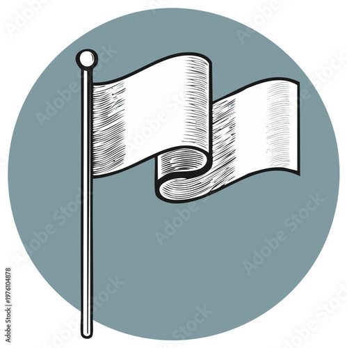 Drawing of a white flag waving on a pole symbolizing surrender or truce against a muted blue background