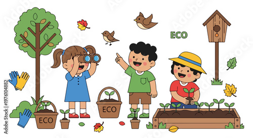 Three diverse children engage in eco-friendly activities like gardening and bird watching in a bright, educational vector illustration.