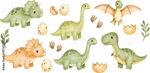 Watercolor illustration of various dinosaurs and eggs in a whimsical prehistoric scene with plants