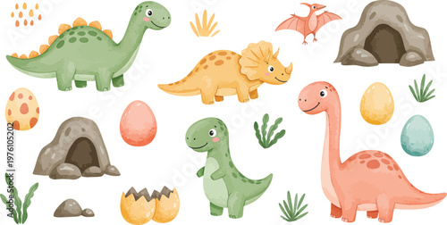 Colorful illustration of various dinosaurs and eggs in a prehistoric setting with plants and volcanoes