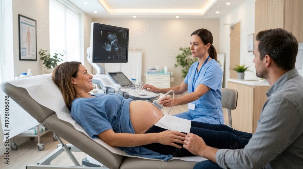 Obraz premium Smiling pregnant woman and her supportive husband share a joyful moment during a prenatal ultrasound scan performed by a female sonographer in a modern clinic.