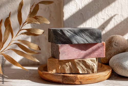 Stack of natural artisanal soap bars with stone-like texture on wooden tray, dried leaves and organic shadows on a warm plaster wall.