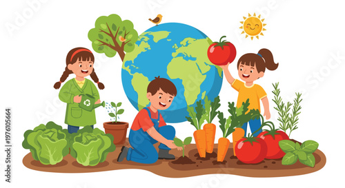 Three happy children are gardening together, planting, watering, and harvesting fresh vegetables in front of a large globe under a smiling sun.