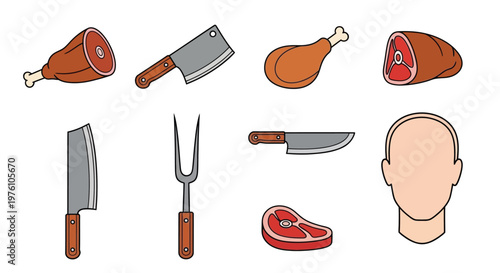Cartoon illustration of various cuts of meat tools and a head