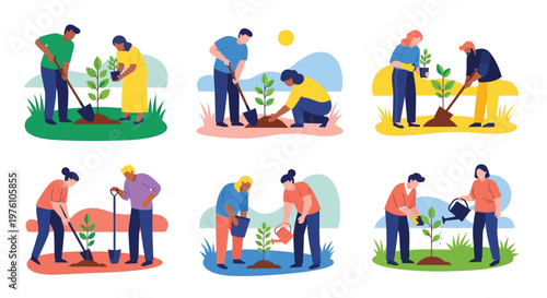 People actively planting trees and gardening in a vibrant illustrated style