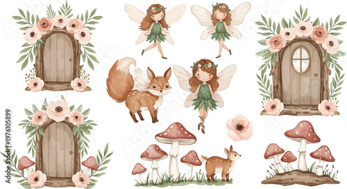 Whimsical forest scene with fairy girl fox mushrooms and floral doors in a magical setting