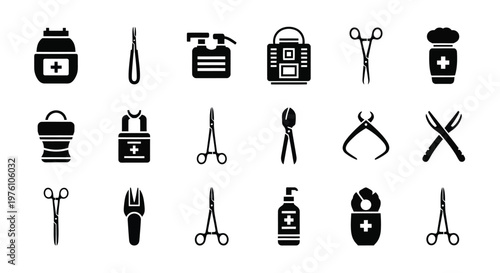 Collection of medical tools and equipment in simple black glyph icons