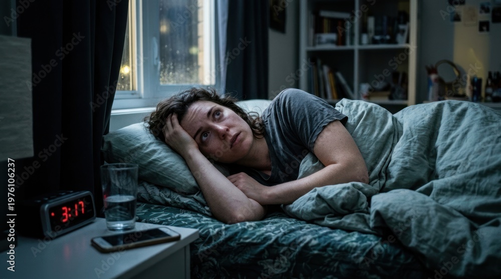 Obraz premium A woman lies in bed, distressed and awake. She is clutching her head with her left hand, her face displaying a look of intense worry and sadness.