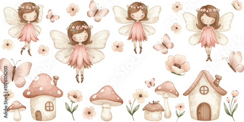 Whimsical illustration of fairies and fantastical houses with flowers and mushrooms in a dreamy setting